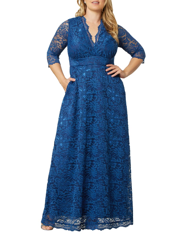 Front of a model wearing a size 1X Maria Lace Evening Gown in NOCTURNAL NAVY by Kiyonna. | dia_product_style_image_id:270147